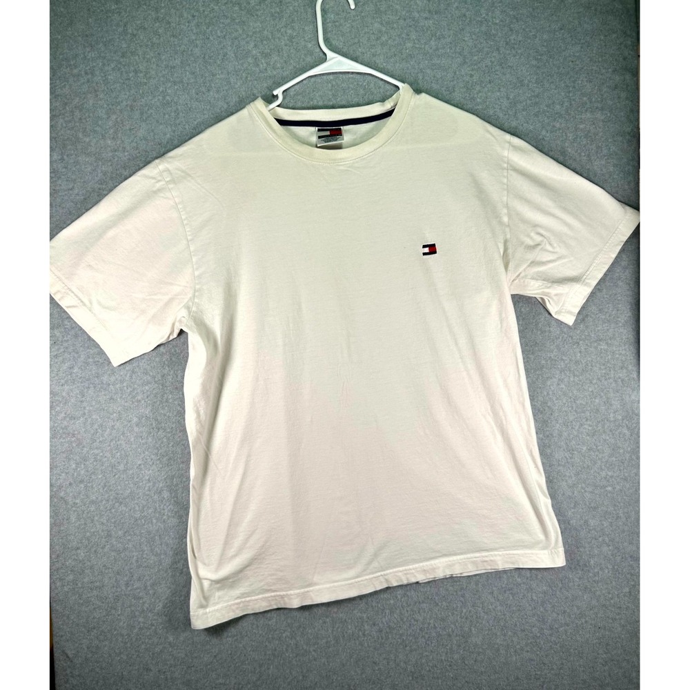 Tommy Hilfiger T Shirt Mens Large White Cotton Embroidered Logo Regular Fit